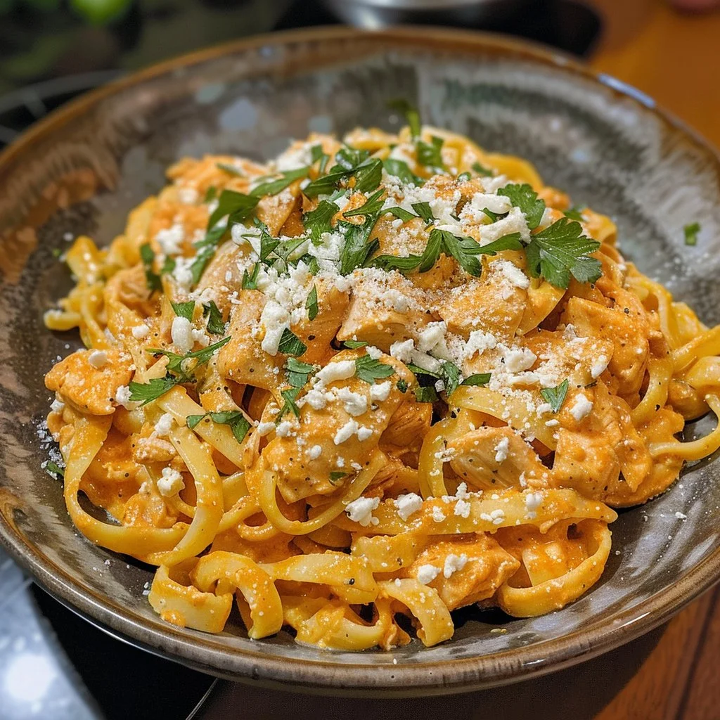 Buffalo Chicken Alfredo pasta served in a bowl with garnishes.