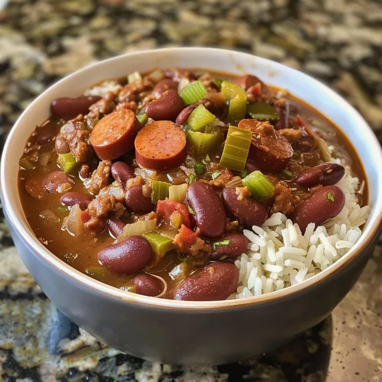 Bowl of Cajun red beans and rice garnished with herbs on a wooden table