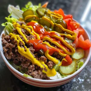 Delicious cheeseburger bowl with fresh ingredients and melted cheese