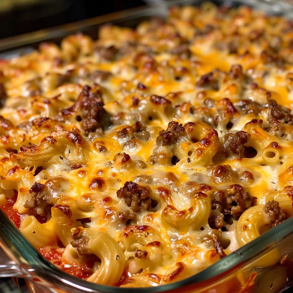Cheeseburger macaroni casserole topped with melted cheese and herbs