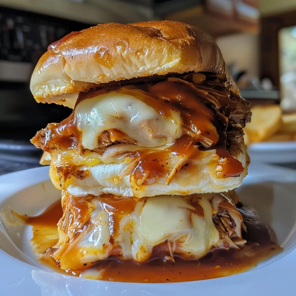 Cheesy BBQ chicken sliders garnished with toppings on a wooden serving board.