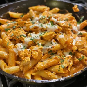 Creamy Cheesy Buffalo Chicken Pasta dish topped with green onions