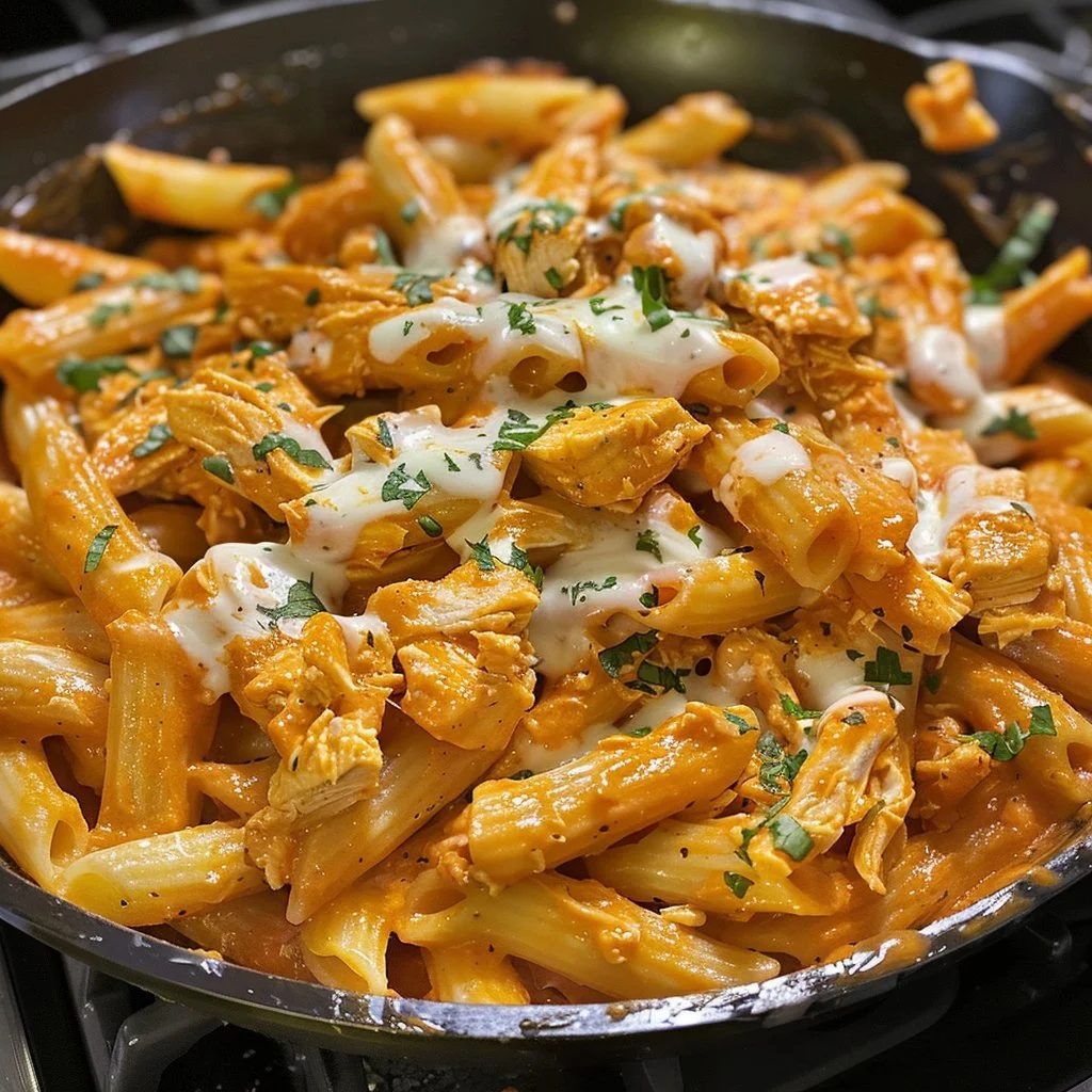 Creamy Cheesy Buffalo Chicken Pasta dish topped with green onions