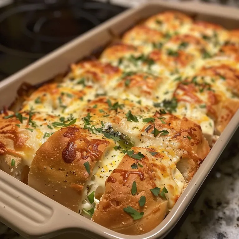 Cheesy chicken bread bake topped with melted cheese and herbs in a baking dish