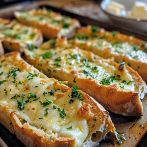 Delicious cheesy garlic bread served warm with melted cheese and herbs