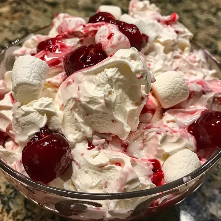 Delicious cherry cheesecake fluff salad served in a bowl
