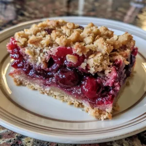 Delicious homemade cherry crumb bars on a plate with a crumble topping