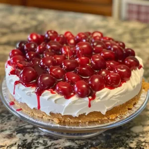 Cherry no-bake cheesecake with a creamy layer and tangy cherry topping
