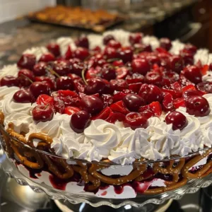 Delicious Cherry Pretzel Salad served in a glass dish with cream topping