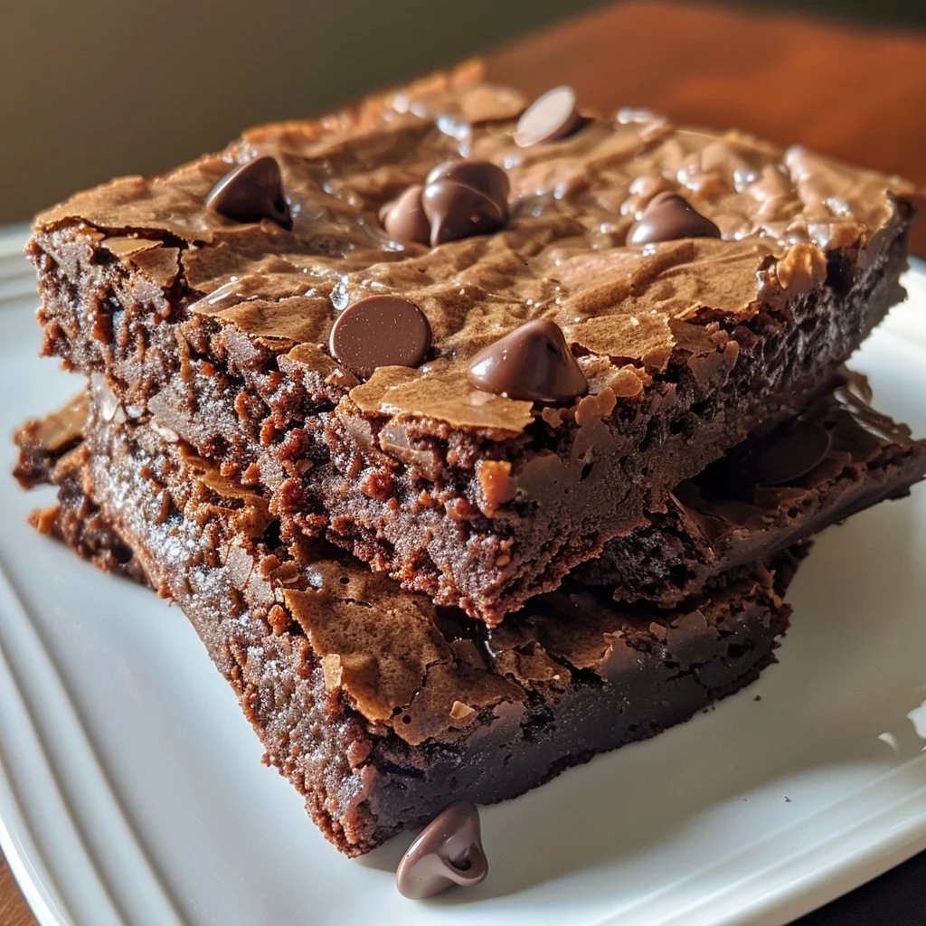 Delicious chewy brownies topped with chocolate sprinkles on a white plate.