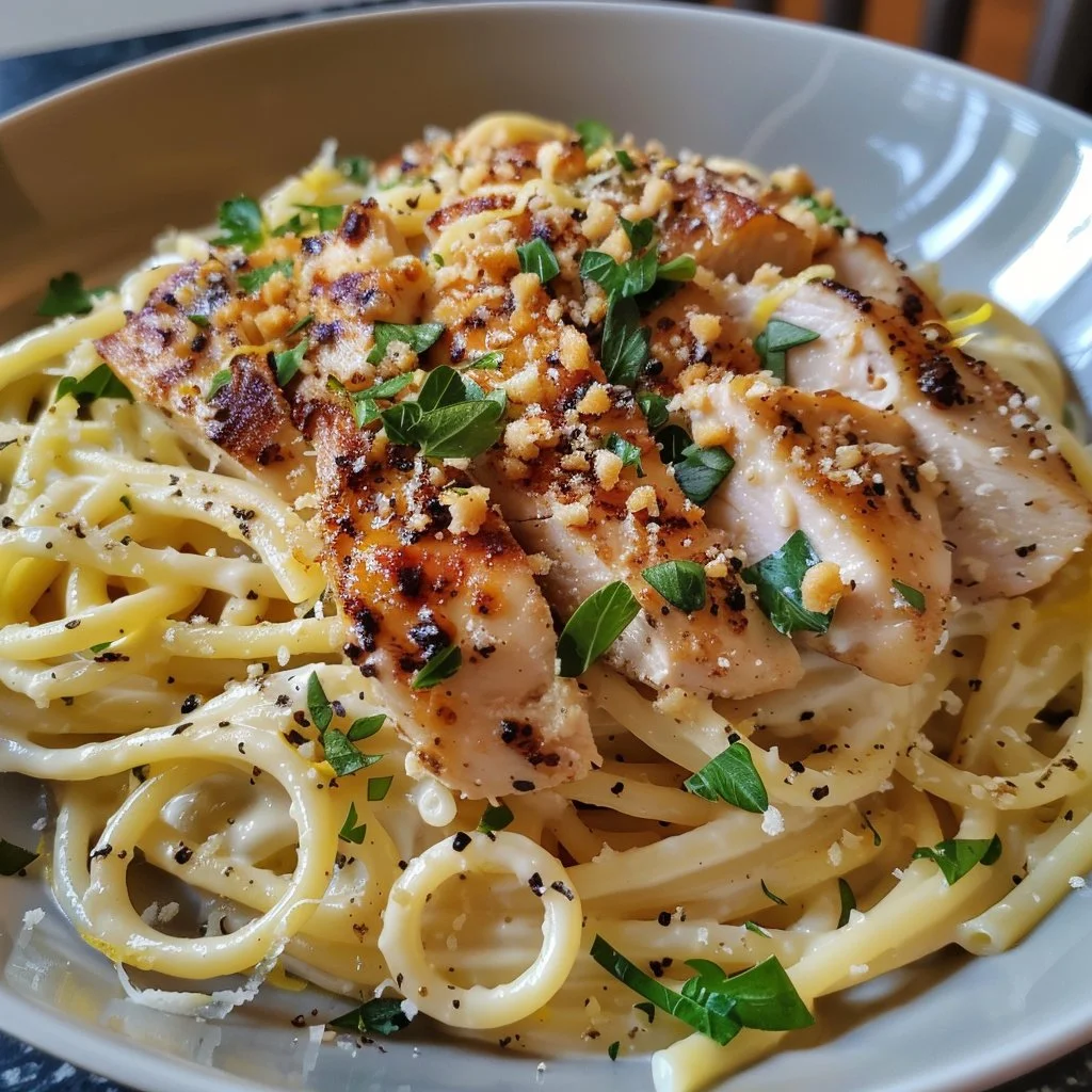Delicious chicken lemon garlic pasta served in a bowl garnished with fresh parsley.