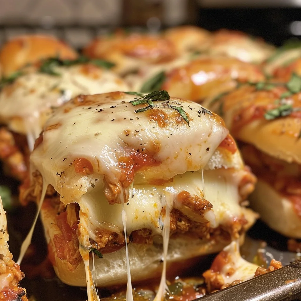 Cheesy Chicken Parmesan Sliders baked to perfection in mini sandwich form.
