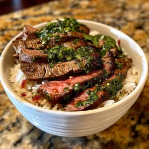 Delicious chimichurri steak bowl topped with fresh ingredients and vibrant flavors