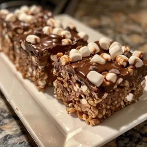 Delicious homemade Chocolate Rice Krispie Treats stacked on a plate