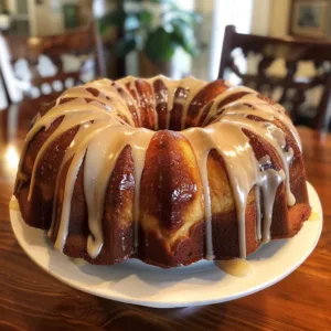 Homemade Cinnamon Roll Bundt Cake with icing on a plate