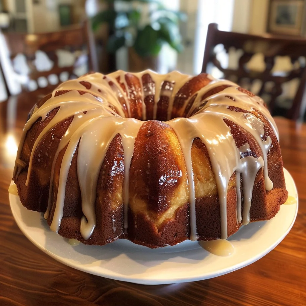 Homemade Cinnamon Roll Bundt Cake with icing on a plate