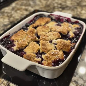 Delicious classic blueberry cobbler in a baking dish with fresh blueberries
