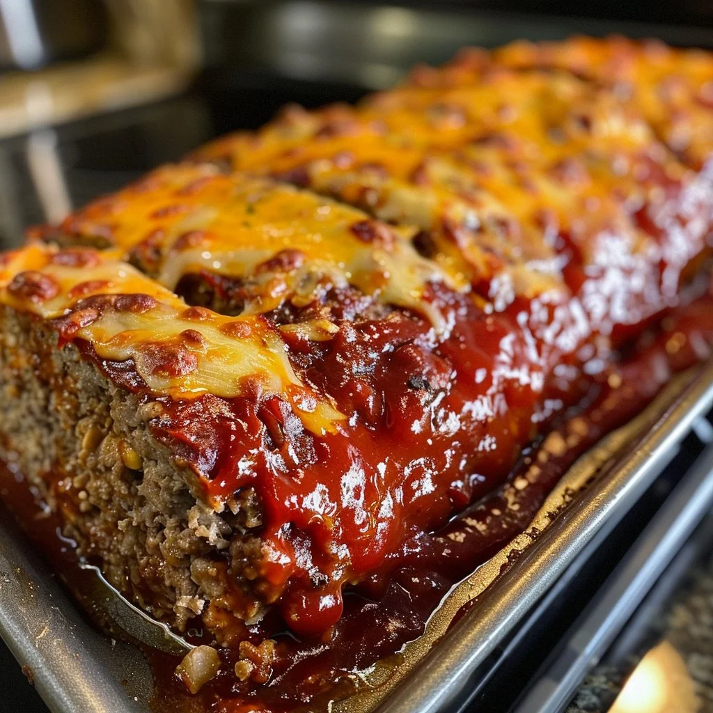 Classic Cheesy Meatloaf served with mashed potatoes and veggies