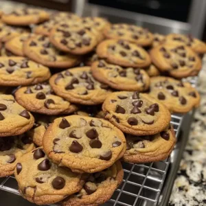 Freshly baked classic chocolate chip cookies on a cooling rack