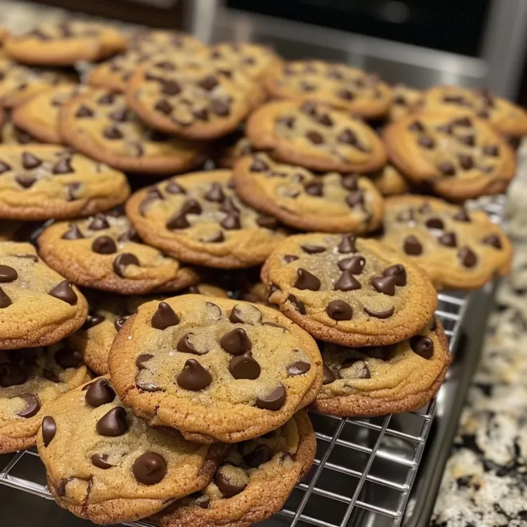 Freshly baked classic chocolate chip cookies on a cooling rack
