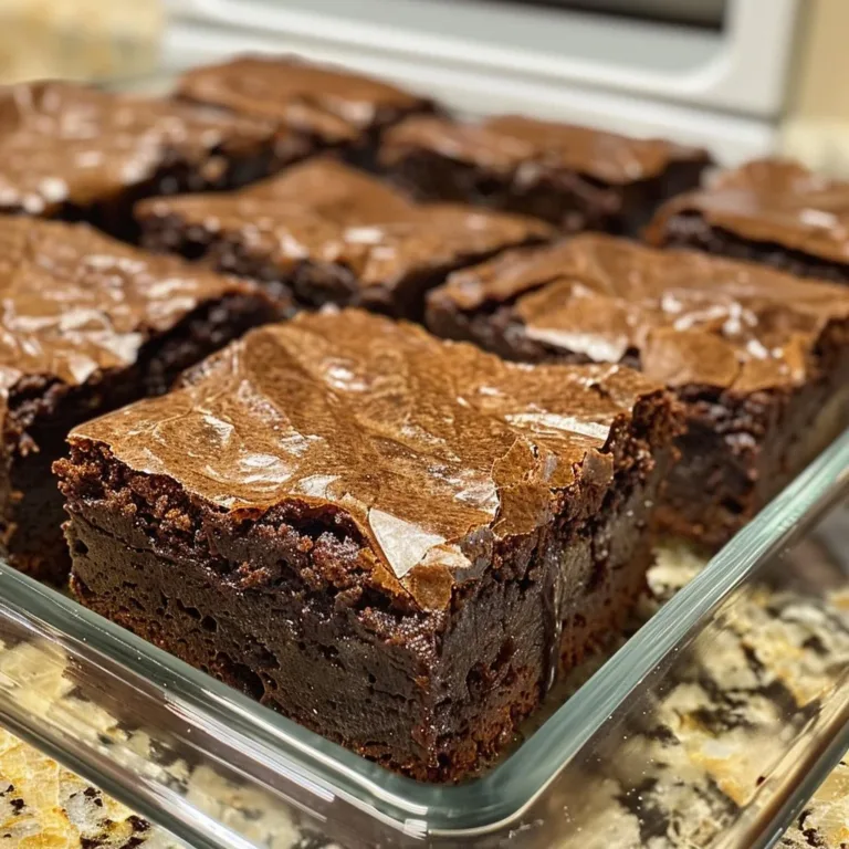 Batch of classic fudgy brownies freshly baked, topped with a sprinkle of cocoa powder.
