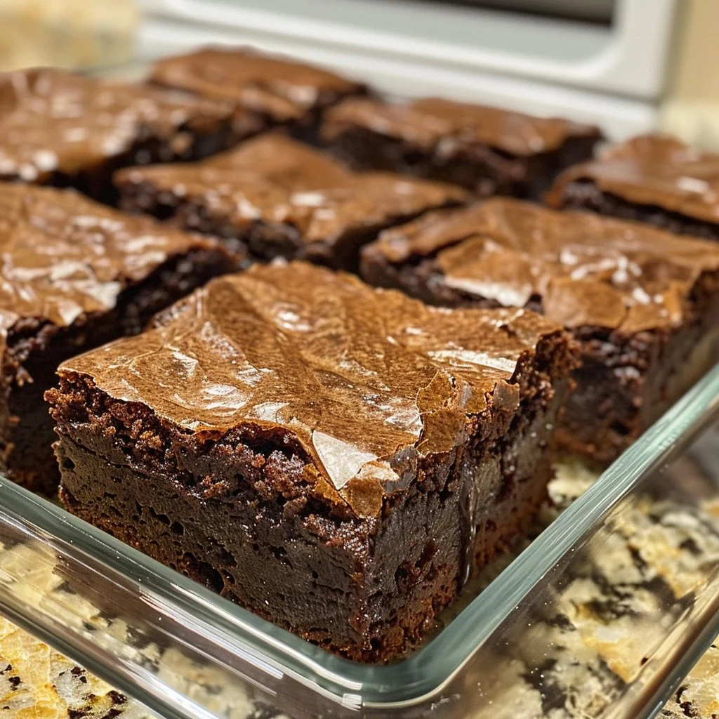 Batch of classic fudgy brownies freshly baked, topped with a sprinkle of cocoa powder.