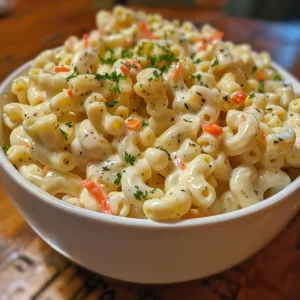 Classic Hawaiian Mac Salad served in a bowl with fresh ingredients