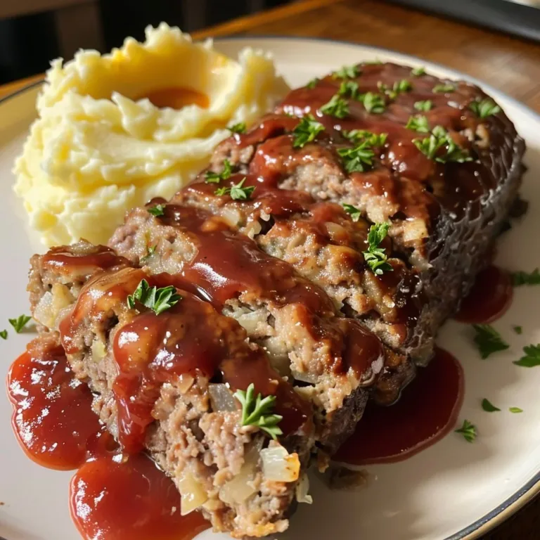 Classic meatloaf served with creamy mashed potatoes on a plate