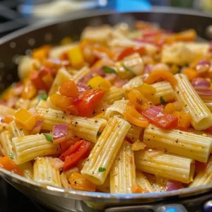 Plate of classic Pasta Primavera with colorful vegetables and pasta.