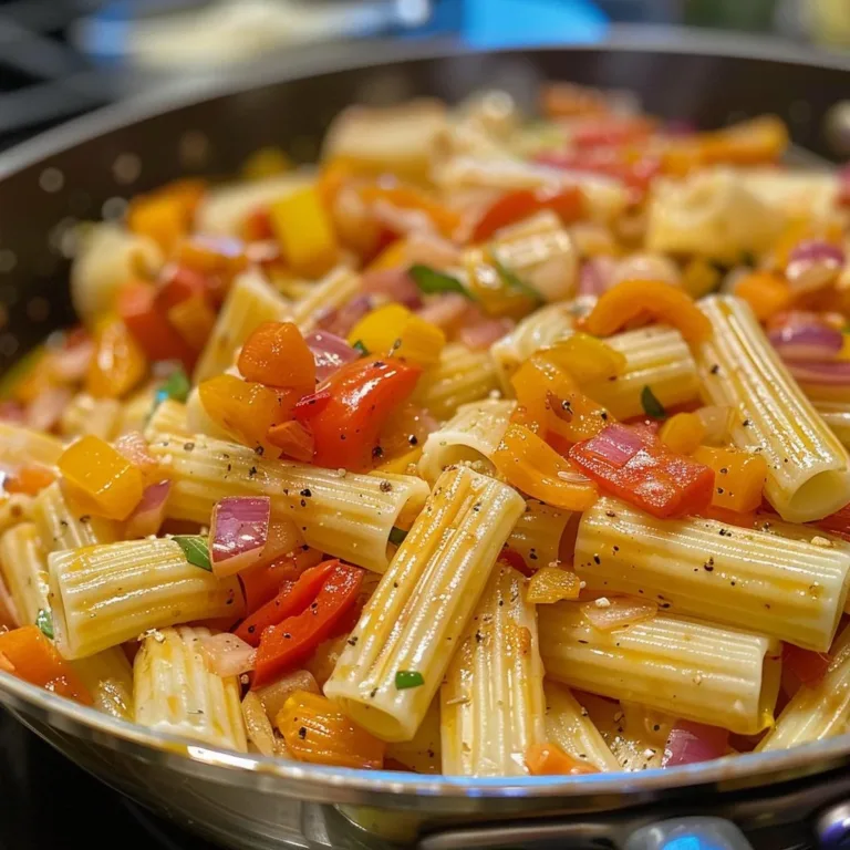 Plate of classic Pasta Primavera with colorful vegetables and pasta.