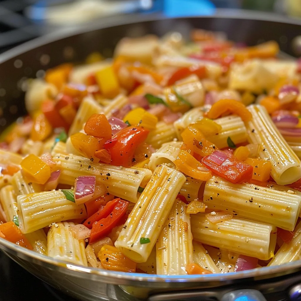 Plate of classic Pasta Primavera with colorful vegetables and pasta.