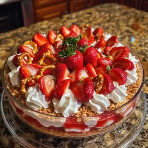 Delicious strawberry pretzel salad with creamy filling and crunchy pretzel crust