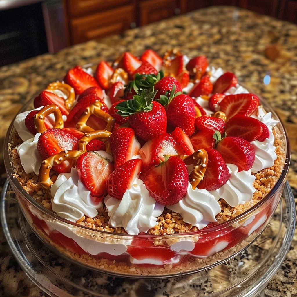 Delicious strawberry pretzel salad with creamy filling and crunchy pretzel crust