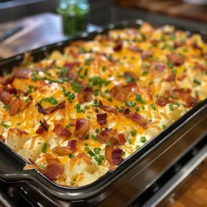 Delicious Crack Chicken Potato Casserole with cheese, bacon, and ranch flavor