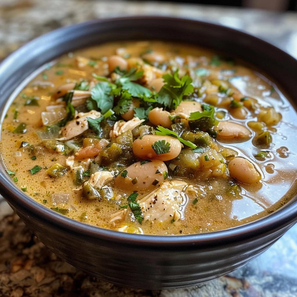Bowl of creamy white chicken chili garnished with cilantro and served with crusty bread.