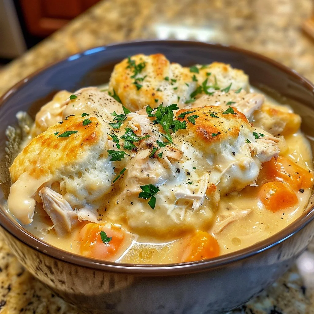 Creamy chicken and dumplings bowl with tender dumplings and herbs