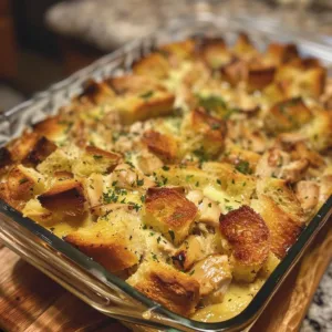 Creamy chicken bread pudding dish garnished with herbs