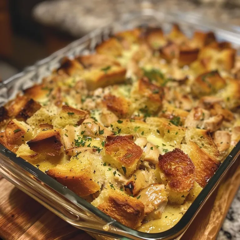 Creamy chicken bread pudding dish garnished with herbs