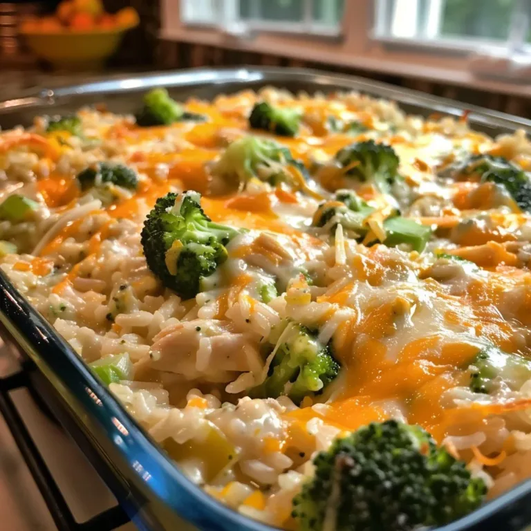 Creamy Chicken Broccoli Rice Casserole topped with cheese and fresh broccoli.