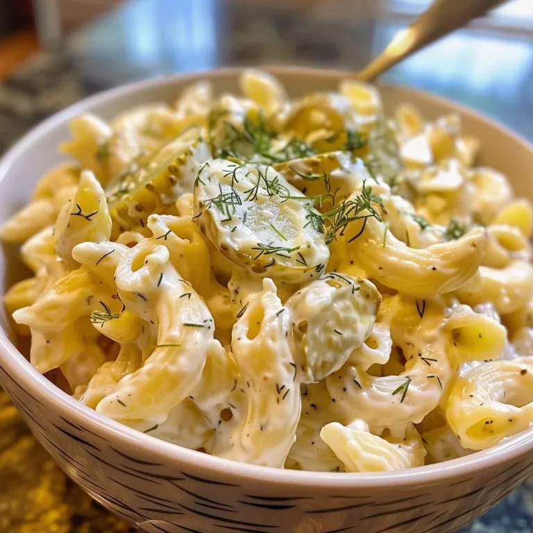 Creamy dill pickle pasta salad with crunchy vegetables and tangy dressing.