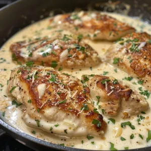 Creamy garlic parmesan chicken skillet dish garnished with herbs