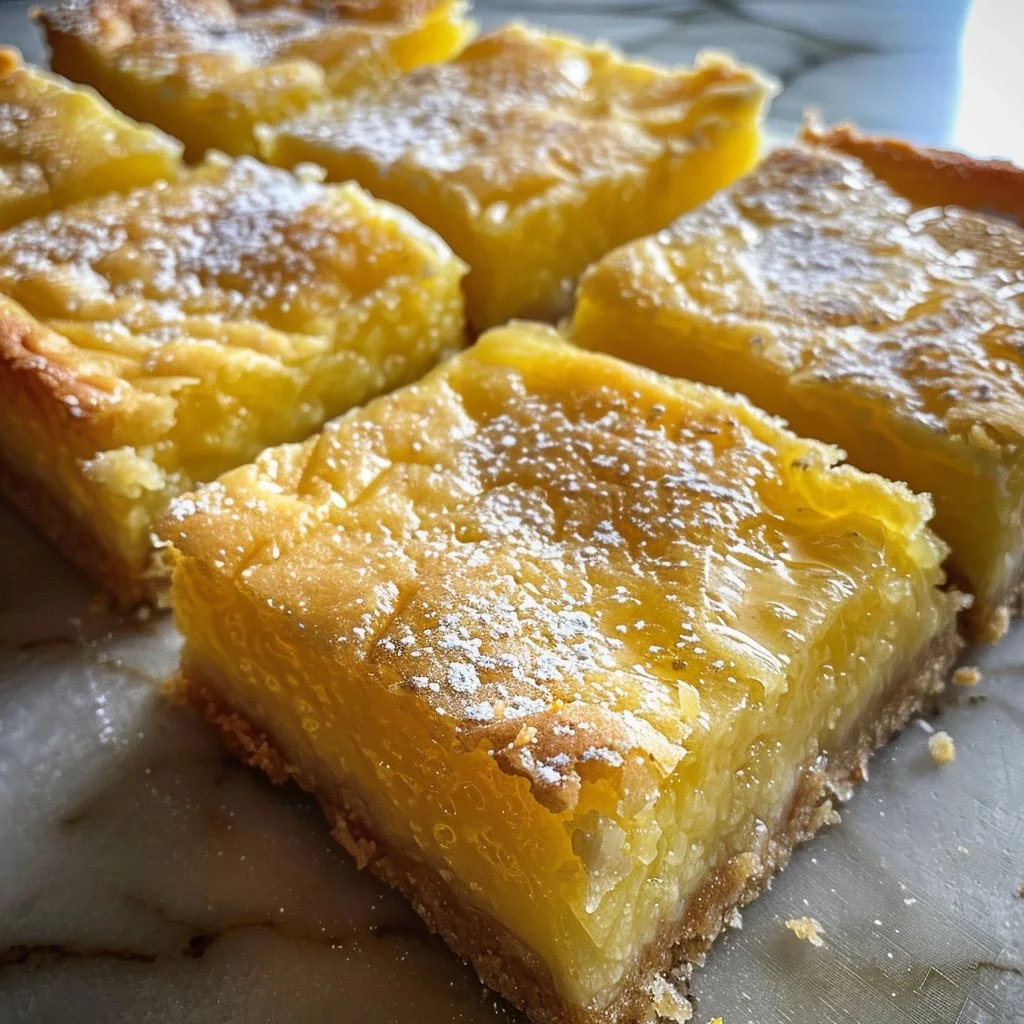 Delicious creamy lemon bars arranged on a plate with fresh lemon slices.