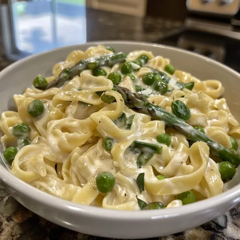 Creamy pasta with asparagus and peas on a plate