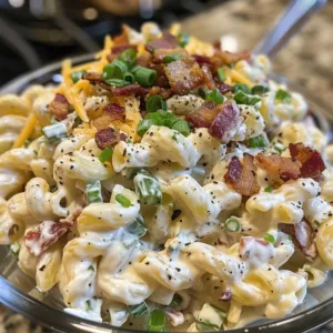 Creamy ranch pasta salad in a bowl with fresh vegetables.