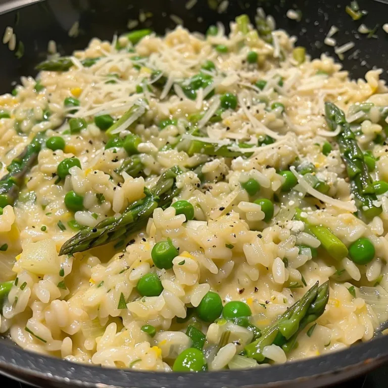 Creamy risotto with colorful spring vegetables in a bowl.