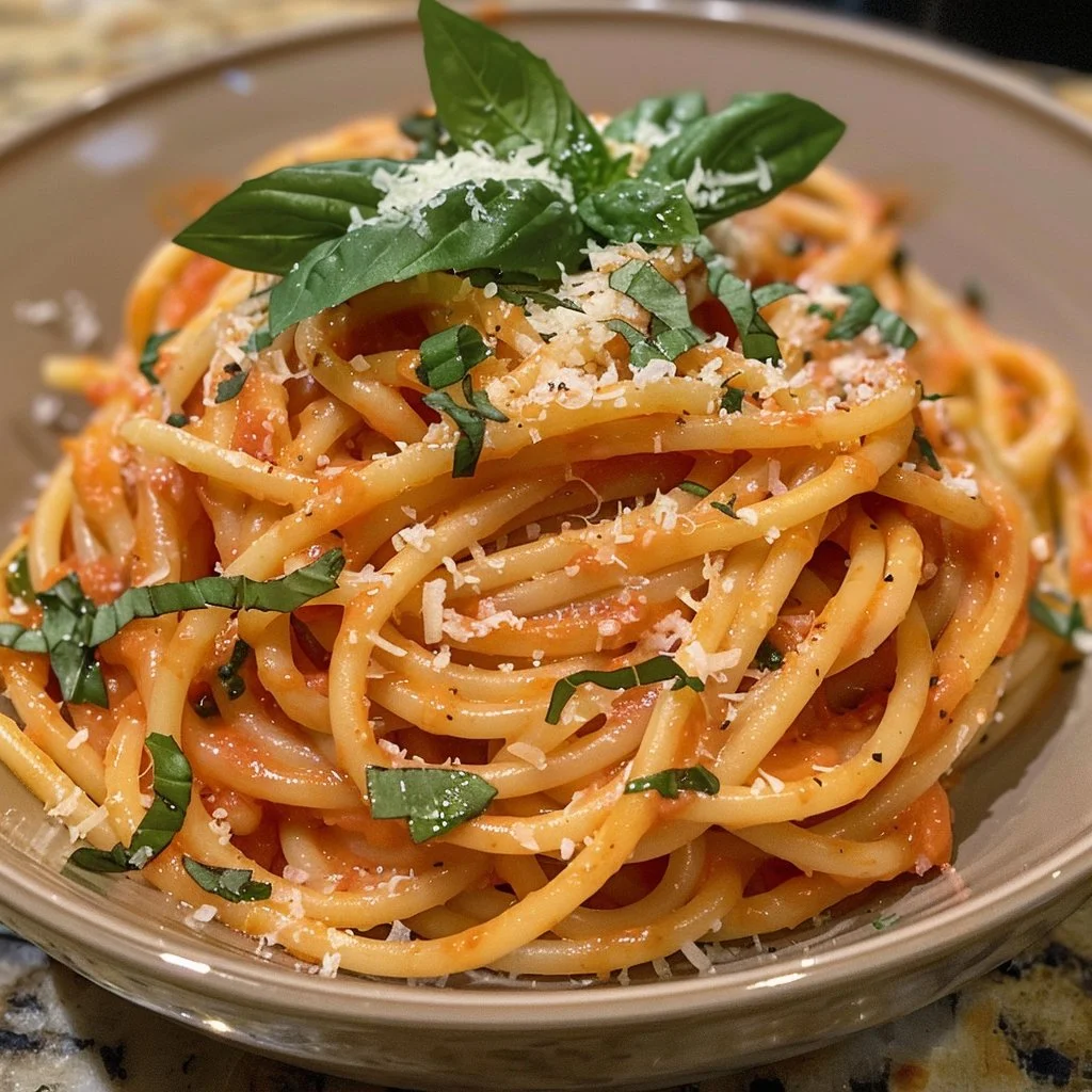 Creamy tomato basil pasta with fresh basil and parmesan cheese