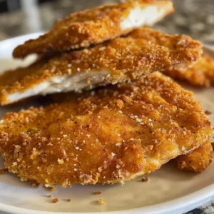 Crispy breaded chicken breast served with a side of vegetables