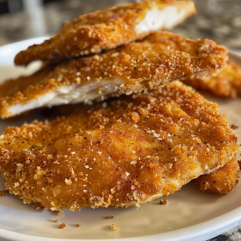Crispy breaded chicken breast served with a side of vegetables