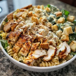 Crispy Chicken Caesar Pasta Salad with fresh ingredients and dressing