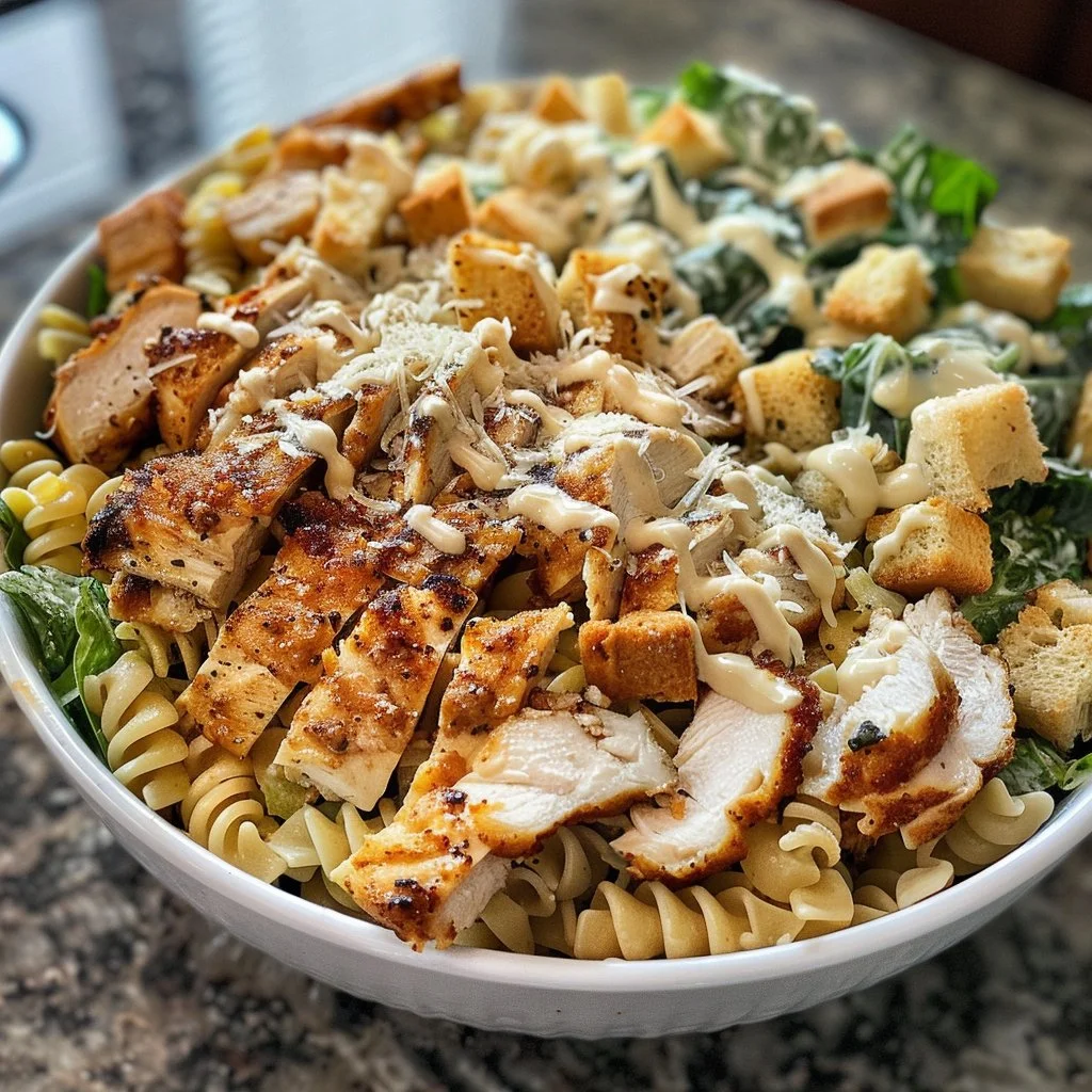 Crispy Chicken Caesar Pasta Salad with fresh ingredients and dressing
